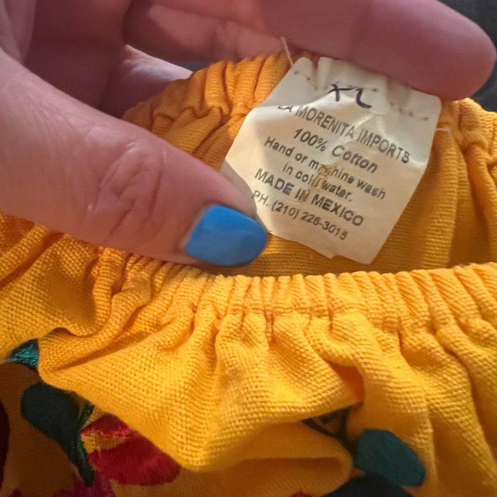 Yellow Mexican theme embroidered flowers Off-Shoulder Puff Sleeve Sundress sz xl - Picture 11 of 11